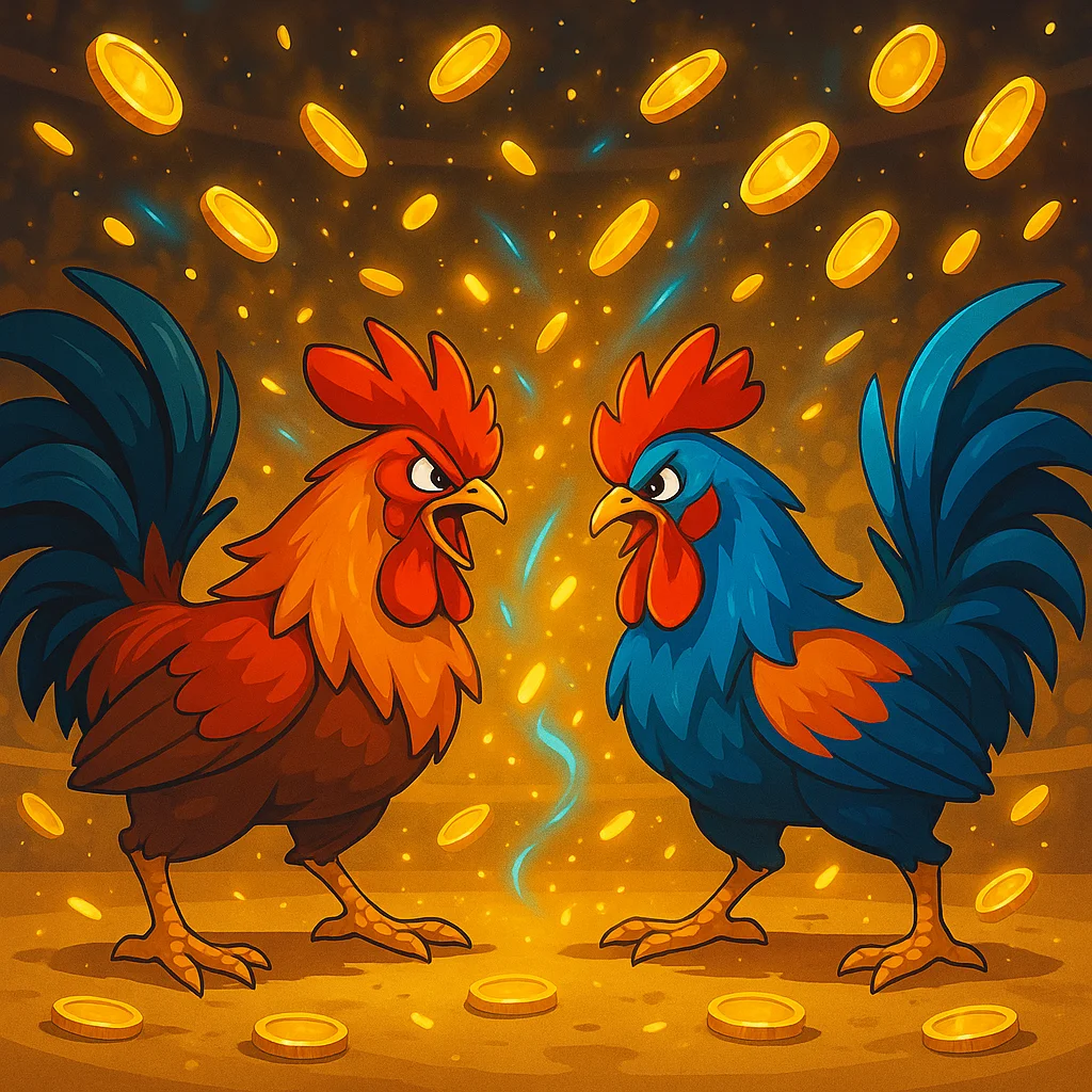 Two roosters battling in a glowing arena with coins and magic effects.