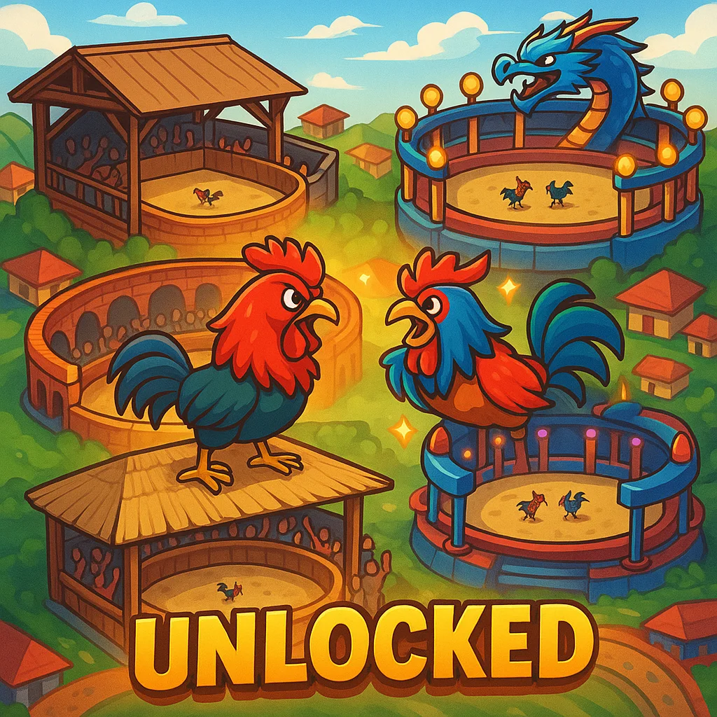 Various cockfighting arenas unlocked and full of energy.