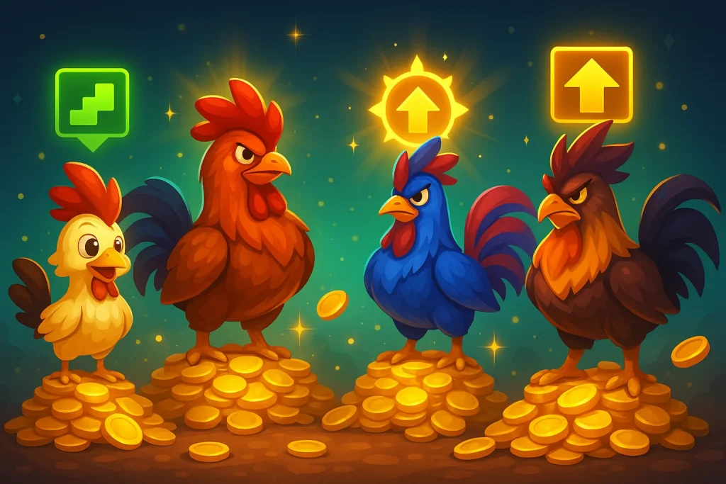 Rooster characters glowing with upgrades and gold coins.